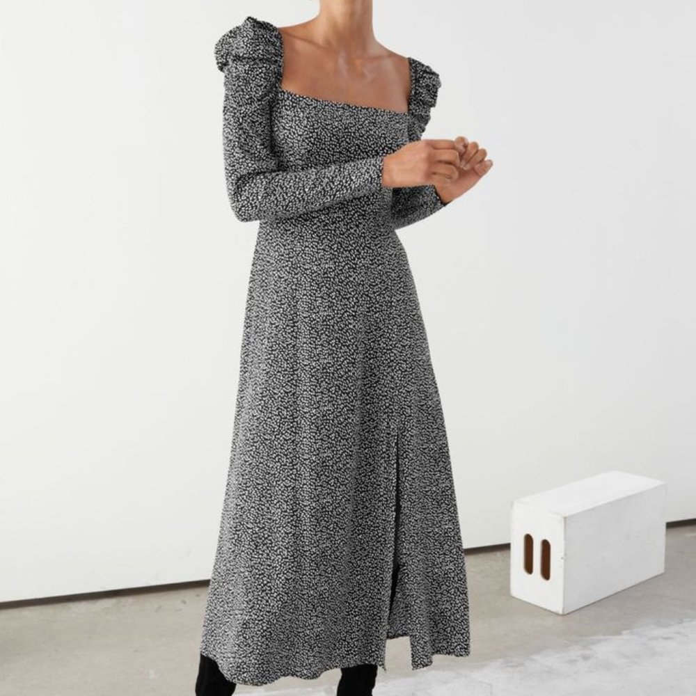 & Other Stories Black and White Puff-Sleeve Square-Neck Midi Dress